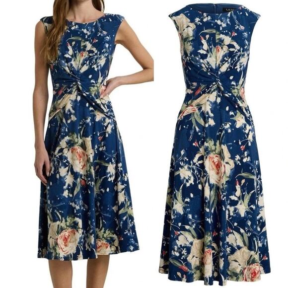 Lauren Ralph Lauren Dresses & Skirts - Ralph Lauren Midi Dress Blue Floral Twist Front Stretch Jersey Wedding Guest 6